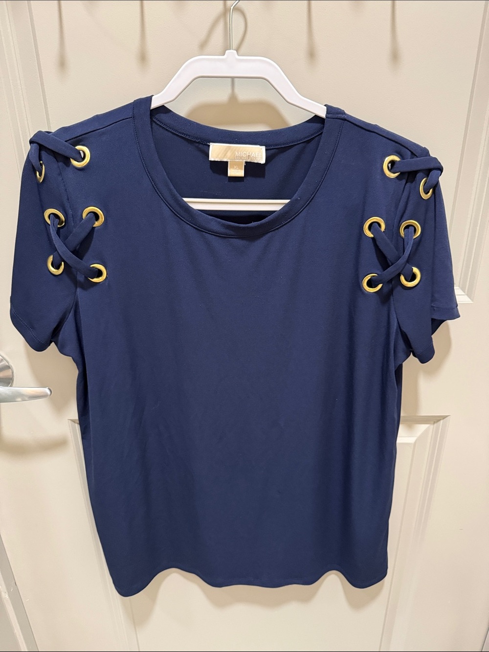 MICHAEL Michael Kors Navy Short-Sleeve Eyelet Lace-Up Shoulder Top